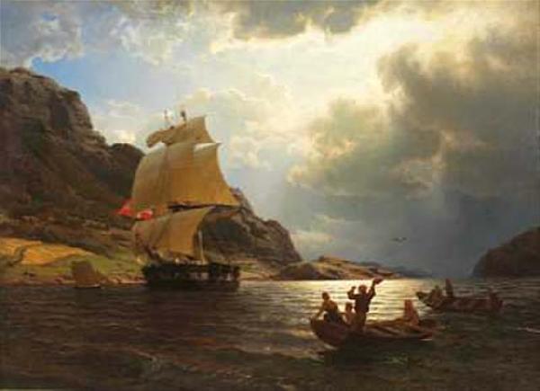Hans Gude Hjemvendende hvalfangerskip i en norsk havn oil painting picture